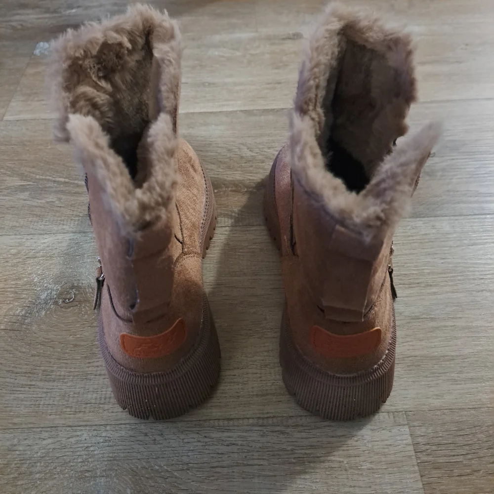 Fashion Boots Tan Brown Mid-Calf Suede Like Faux Fur-Lined Zipper Women Size 39